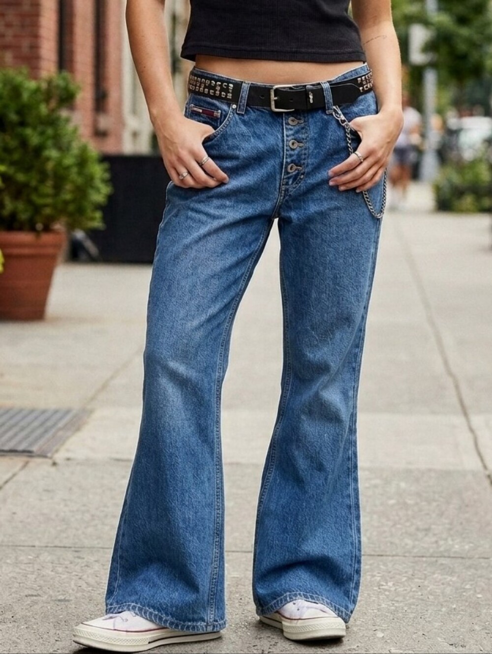 Tommy Hilfiger Button-Fly Wide  Leg Jeans - Medium Blue Low Rise